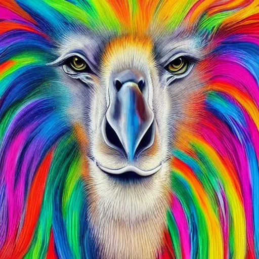 Image similar to portrait of a cute fluffy ostrich with long colorful flowing lion mane with mohawk hairstyle hybrid animal detailed painting 4 k