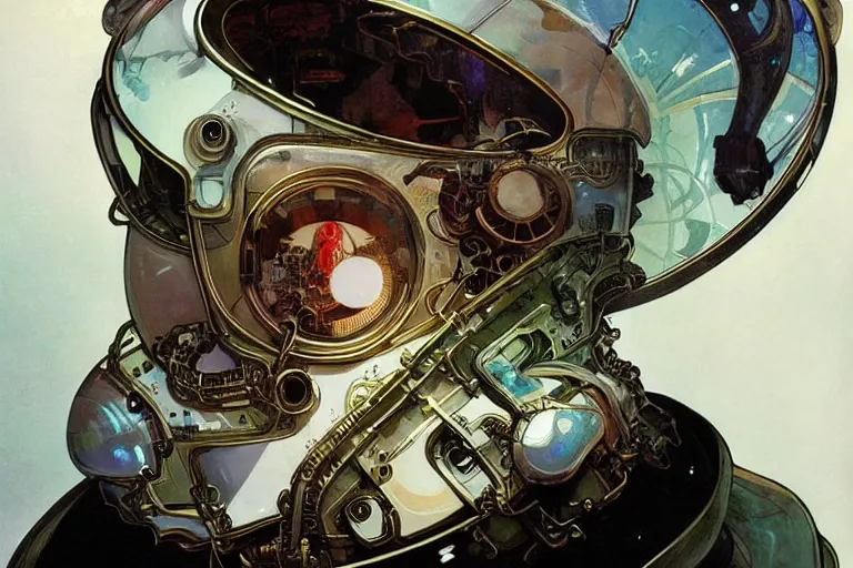 Image similar to portrait of a biomechanical head inside a futuristic space helmet, vintage transistors, white metal, iridescent visor, art by Ruan Jia and Alphonse Mucha,