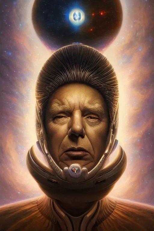 Image similar to a portrait of intergalactic donald trump, grim - lighting, high - contrast, intricate, elegant, highly detailed, centered, digital painting, artstation, concept art, smooth, sharp focus, illustration, artgerm, tomasz alen kopera, peter mohrbacher, donato giancola, joseph christian leyendecker, wlop, boris vallejo