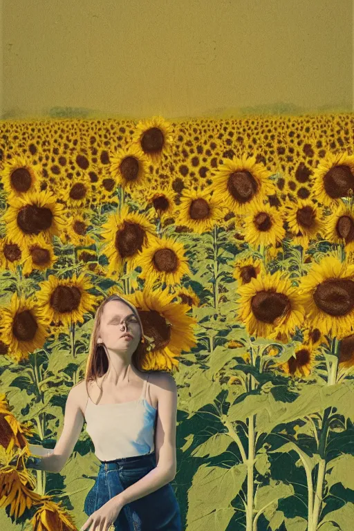 Image similar to a portrait of a stylish woman standing in a field of sunflowers by Ismail Inceoglu