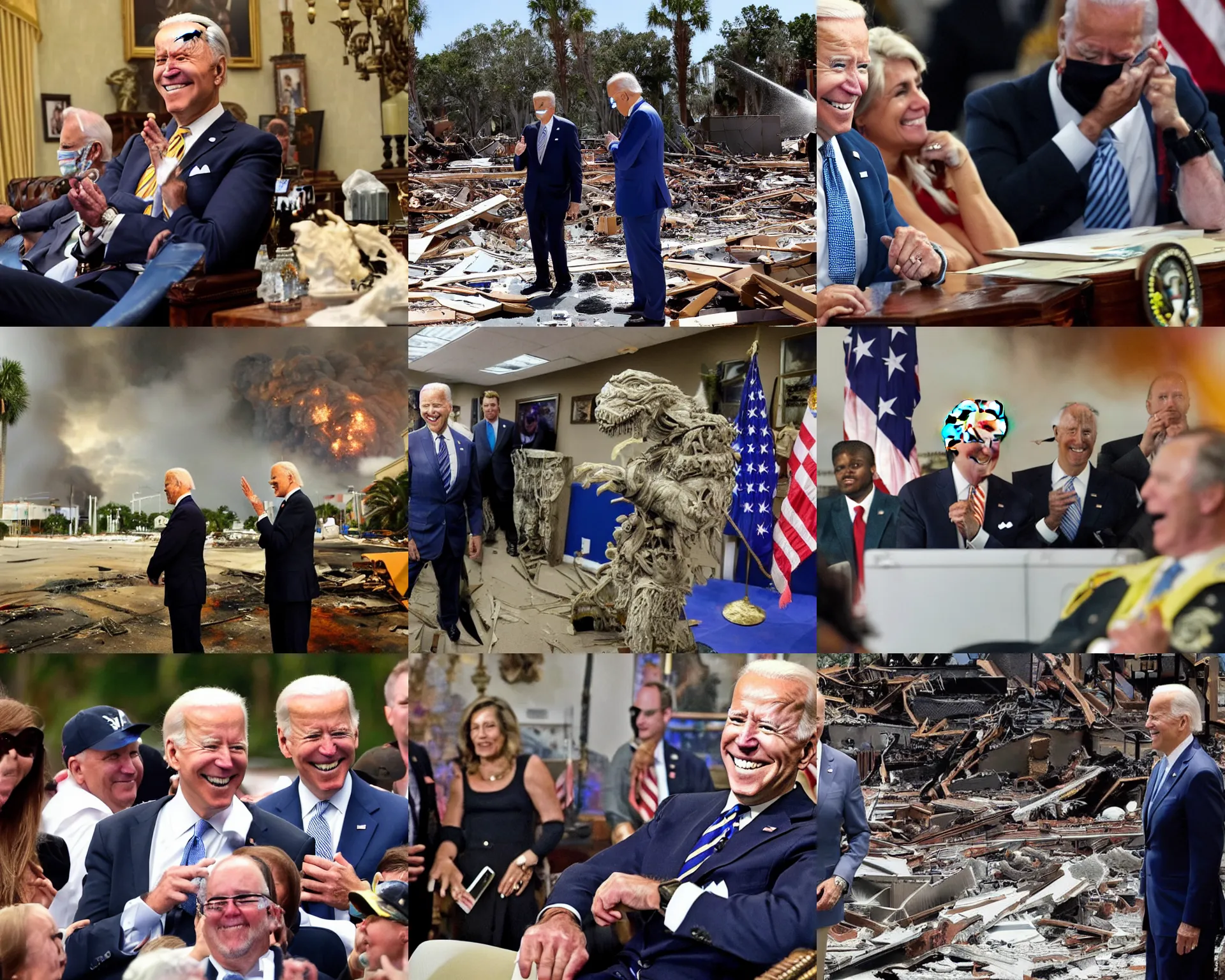 Prompt: Joe Biden watches with laughter as the state of Florida is destroyed in an explosion, Evil, chaos, ornate, horror, detailed, colorful