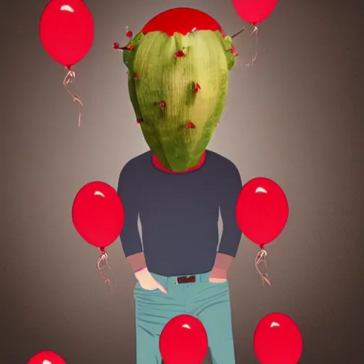 Prompt: man with a cactus head in a room full with red balloons