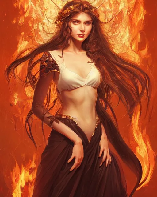 Prompt: beautiful long haired girl, fire dress, portrait, flames everywhere, highly detailed, digital painting, artstation, concept art, smooth, sharp focus, illustration, art by artgerm and greg rutkowski and alphonse mucha