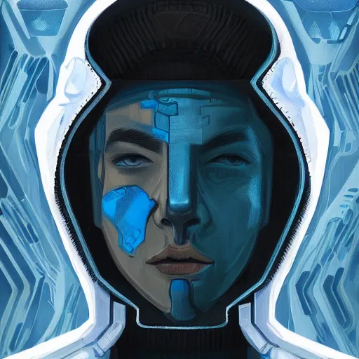 Image similar to a portrait of an ultradetailed futuristic male cyberpunk waring a hoodie, bearded, deep blue eyes, by dylan kowalski, 8 k, digital painting