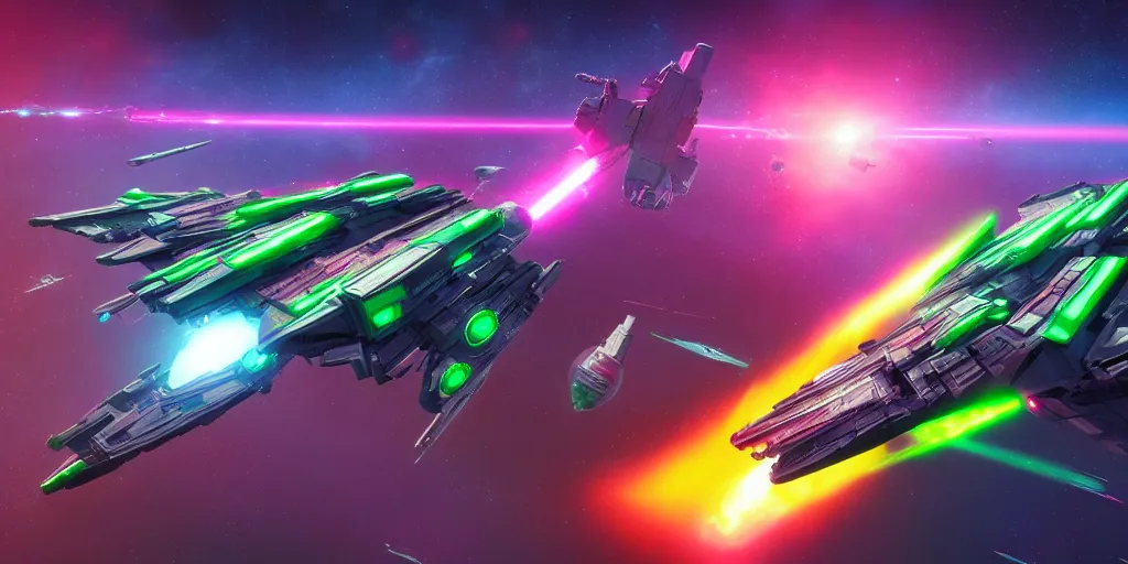 Prompt: synthwave spaceship battle in space, firing green lasers and destroying another ship, science fiction digital art, award winning, trending on artstation, digital art. highly detailed 8 k. intricate. lifelike.