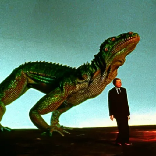 Image similar to movie scene of a man in front of a draconian humanoid, reptil, reptilian, movie still, cinematic composition, cinematic light, criterion collection, reimagined by industrial light and magic, Movie by David Lynch and Ridley Scott