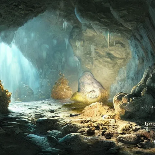 Image similar to beautiful matte painting of the inside of a cave with glowing crystals on the walls and bones on the floor, fantasy, sharp focus