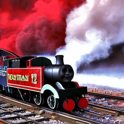 Image similar to photo realistic black and red thomas the train going fast