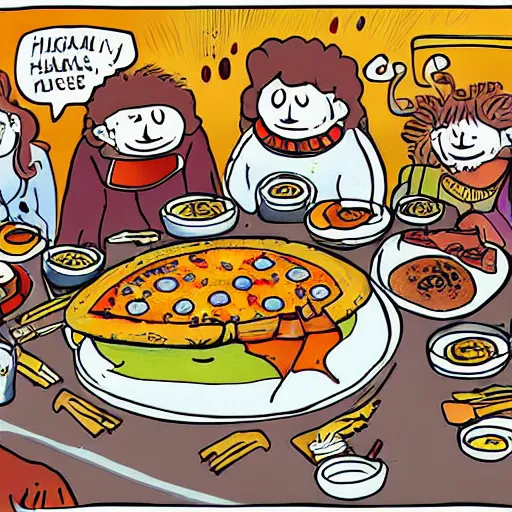 Prompt: aliens making first contact with humans and having a thanksgiving style feast with a table full of pizza, hamburgers, and fried chicken. digital art. faded colors. americana.