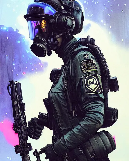 Image similar to detailed neon female swat officer flying a fighter jet, cyberpunk futuristic, neon, gas mask, reflective puffy coat, decorated with traditional japanese by ismail inceoglu dragan bibin hans thoma greg rutkowski alexandros pyromallis nekro rene margitte, fire & smoke, illustrated, perfect face, fine details, realistic shaded, fine - face, pretty face