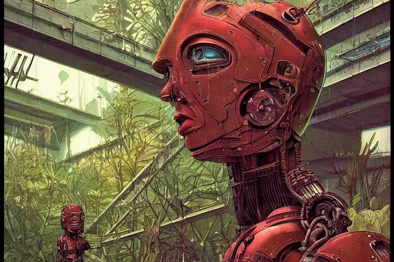 Image similar to gigantic robot - girl head floating in the space, a lot of exotic plants, trees, flowers, oldschool vintage sci - fi flat surreal grainy design, super - detailed, painting by enki bilal and moebius