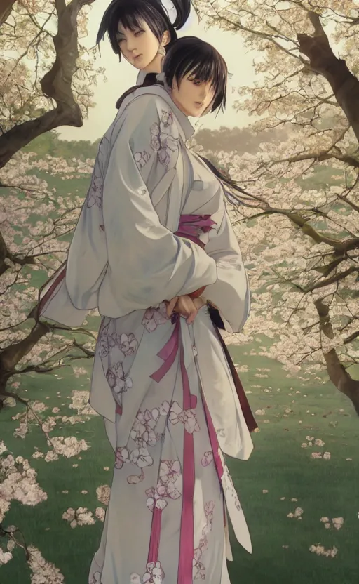 Image similar to front portrait of a girl walking, sakura tree in background, yukata clothing, battlefield in background, anime style, short hair, hair down, symmetrical facial features, from arknights, hyper realistic, 4 k, extreme detail, detailed drawing, trending artstation, realistic lighting, by alphonse mucha, greg rutkowski, sharp focus, backlit