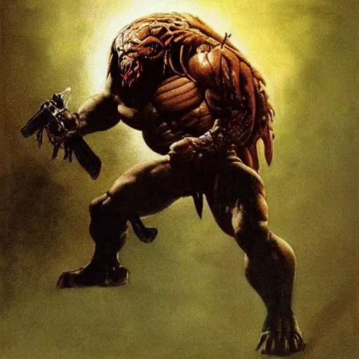 Prompt: Predator (1987), by Frank Frazetta, by Rembrandt, by Michelangelo, digital painting, masterpiece