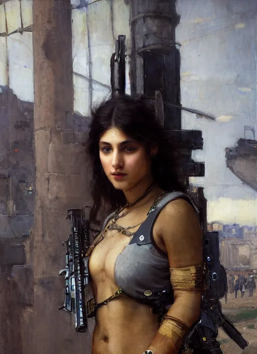 Image similar to Maria. beautiful cyberpunk mercenary wearing military vest. Iranian orientalist portrait by john william waterhouse and Edwin Longsden Long and Theodore Ralli and Nasreddine Dinet, oil on canvas. Cinematic, hyper realism, dramatic lighting, high detail 4k