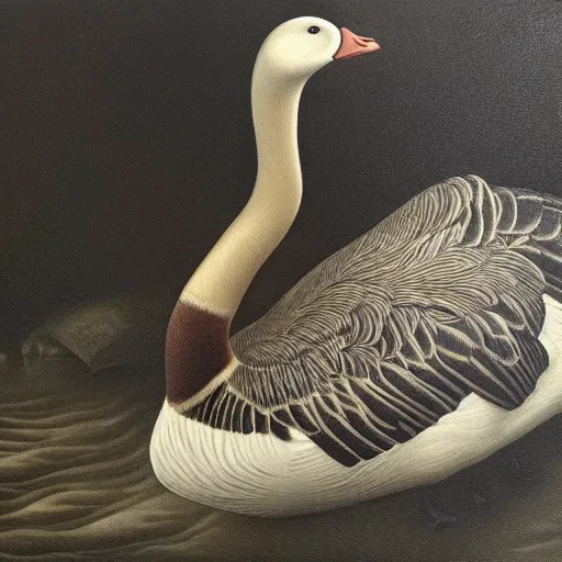 Image similar to oil painting of a goose with dozens of eyes all over its body