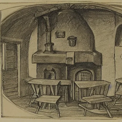 Image similar to Sketch of a medieval tavern with one floor, a counter, four round tables and a fireplace