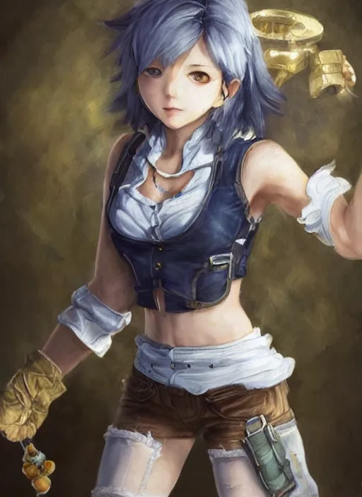 Image similar to a portrait of catgirl wearing white vest, and denim shorts an ultrafine detailed painting, detailed painting, detailed eyes!!, final fantasy, octopath traveler