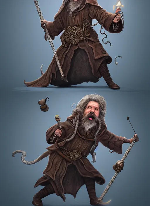 Image similar to highly detailed, hyper realistic wizard, funny, with a dungeon background by studio muti