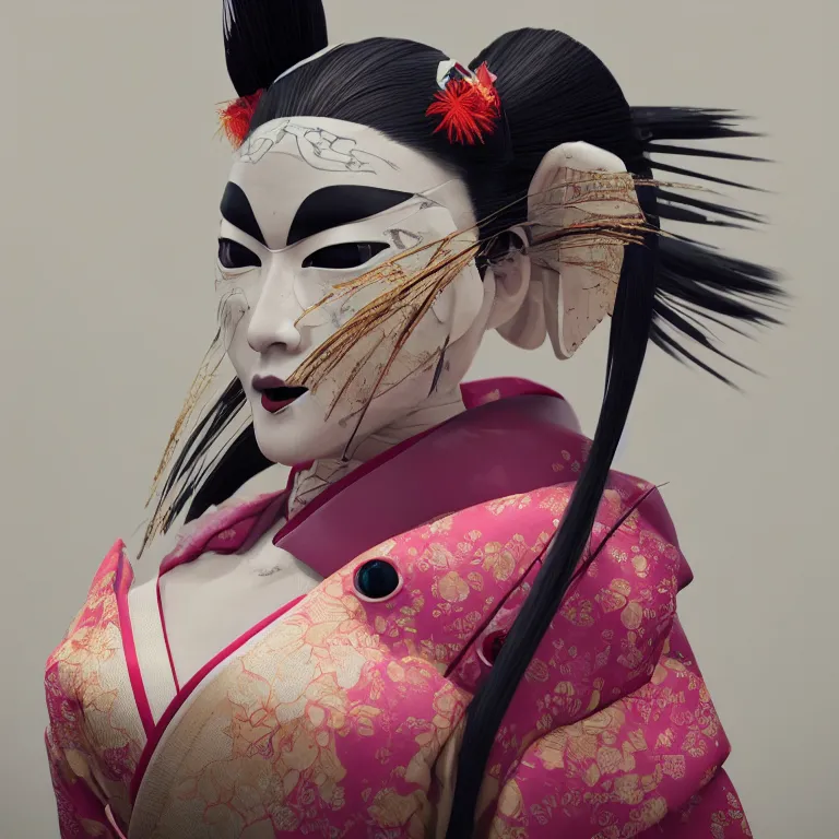 Prompt: a beautiful japanese geisha robot android portrait, kabuki mask, in the style of ash thorp, beautiful, diffuse cinematic lighting, anamorphic lens, anamorphic lens flare, hyper real, intricate detail, octane renderer, unreal engine 5