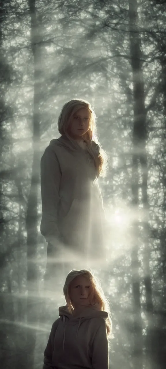 Image similar to very very beautiful photograph of emily skinner looking like annie leonhart in a hoodie standing next to a window god rays shining on her from the sunlight, volumetric fog, smoke, depth of field, beautiful composition, very very very beautifull face, on artstation and instagram, ray tracing