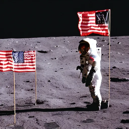 Image similar to old photo of a muppet on the moon, ( ( usa flag ) ), next to moon lander