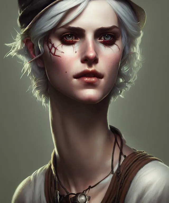 Prompt: ciri dressed as a hipster, beautiful, highly detailed face, true anatomy!, extremely detailed!, digital painting, unreal engine 5, art by tom bagshaw