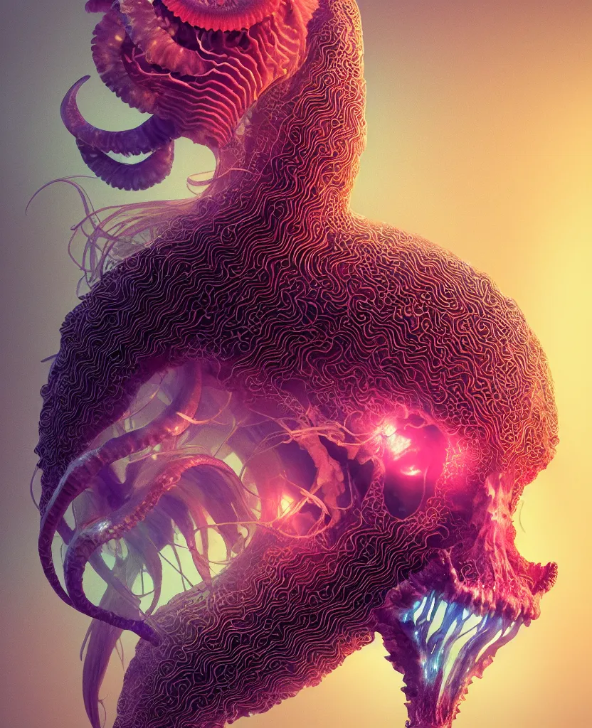 Image similar to goddess close-up portrait goat skull. jellyfish phoenix head, nautilus, orchid, skull, betta fish, bioluminiscent creatures, intricate artwork by Tooth Wu and wlop and beeple. octane render, trending on artstation, greg rutkowski very coherent symmetrical artwork. cinematic, hyper realism, high detail, octane render, 8k