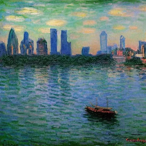 Image similar to the singapoore skyline painted by claude monet