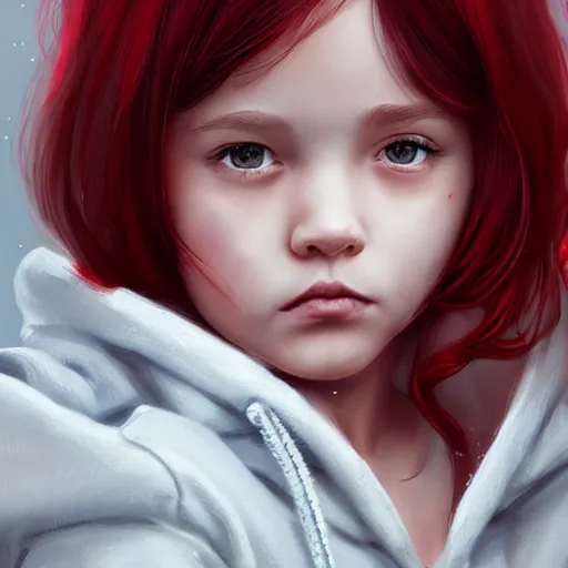 Image similar to a tiny girl with short red hair wearing a hoodie, digital art, cute face, very beautiful face, pretty face, very detailed eyes, full body illustration, 8 k resolution, soft painting, by greg rutkowski, wlop, rossdraws,