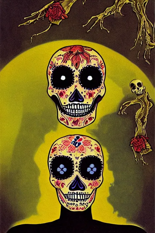 Prompt: Illustration of a sugar skull day of the dead girl, art by chesley bonestell
