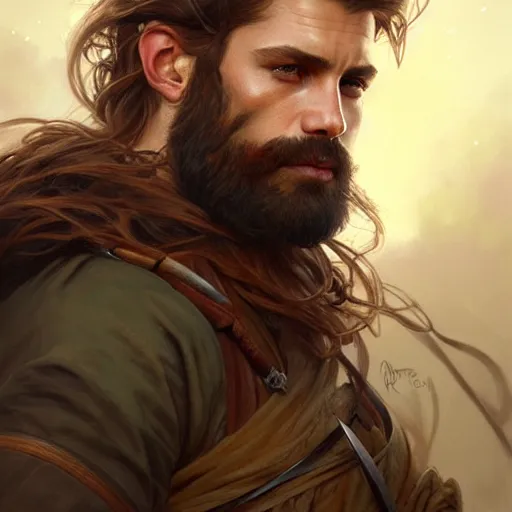 Image similar to Portrait of rugged male ranger, D&D, amber eyes, face, long hair, muscular, fantasy, intricate, elegant, highly detailed, digital painting, artstation, concept art, smooth, sharp focus, illustration, art by artgerm and greg rutkowski and alphonse mucha