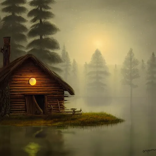 Image similar to A painting of a luminous old cabin in the swamp lands, a freindly bigfoot with a fish, by Gediminas Pranckevicius, cinematic lighting