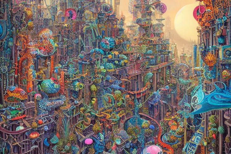 Prompt: vibrant colorful surrealist future cityscape by Joe Fenton and Ernst Haeckel and Michael Whelan
