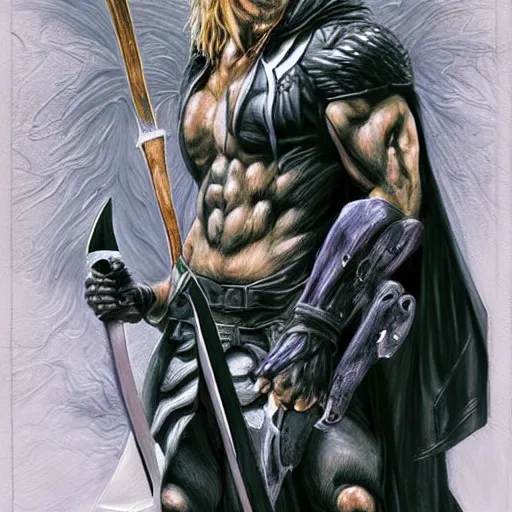 Prompt: photorealistic painting of Chris Hemsworth as Vanth Dreadstar , dark hooded assassin wielding a sword with an axe-blade hilt, extremely muscular male fantasy hero, extremely detailed, mixed media style comic book artwork, sci-fi fantasy art, sharp focus, perfectly symmetrical facial features, melancholy lighting, art by Angel Medina and Jim Starlin , hyperrealism, golden ratio, hyperdetailed, heavily detailed and intricate