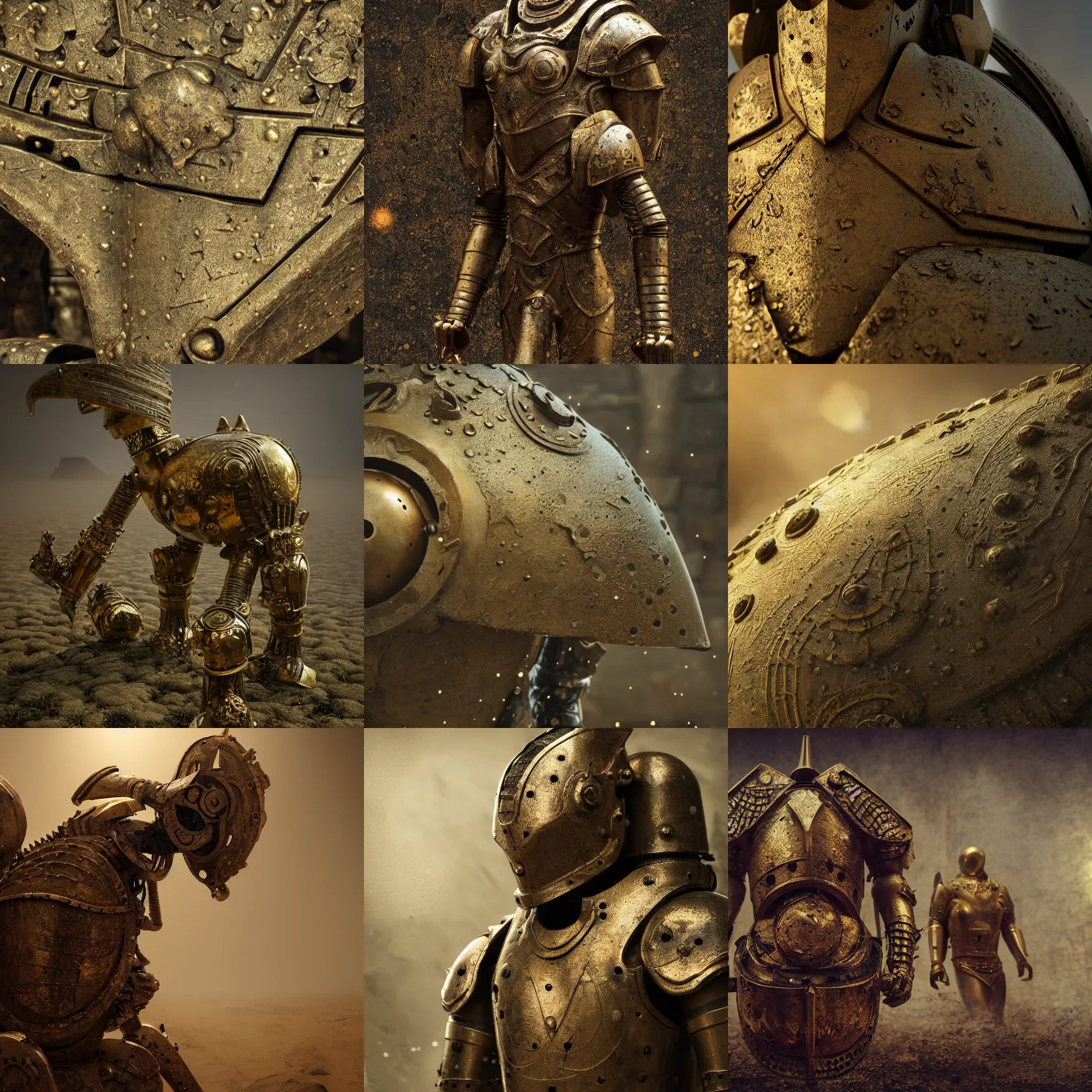 Prompt: ancient mesopotamic robot armor, dirty old golden metal, etched inscriptions, moss, splash art, movie still, cinematic lighting, dramatic, octane render, long lens, shallow depth of field, bokeh, anamorphic lens flare, 8k, hyper detailed, 35mm film grain