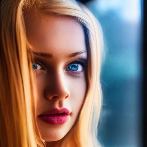 Image similar to photo of beautiful princess. perfect face. blonde hair. blue eyes. stunning. gorgeous. looking out window. 4 k. highly detailed. jaw dropping. surrunding cinematic lighting. dramatic light. accent lighting. award winning photography.