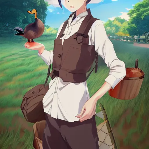 Image similar to portrait of the duck farmer, anime fantasy illustration by tomoyuki yamasaki, kyoto studio, madhouse, ufotable, comixwave films, trending on artstation