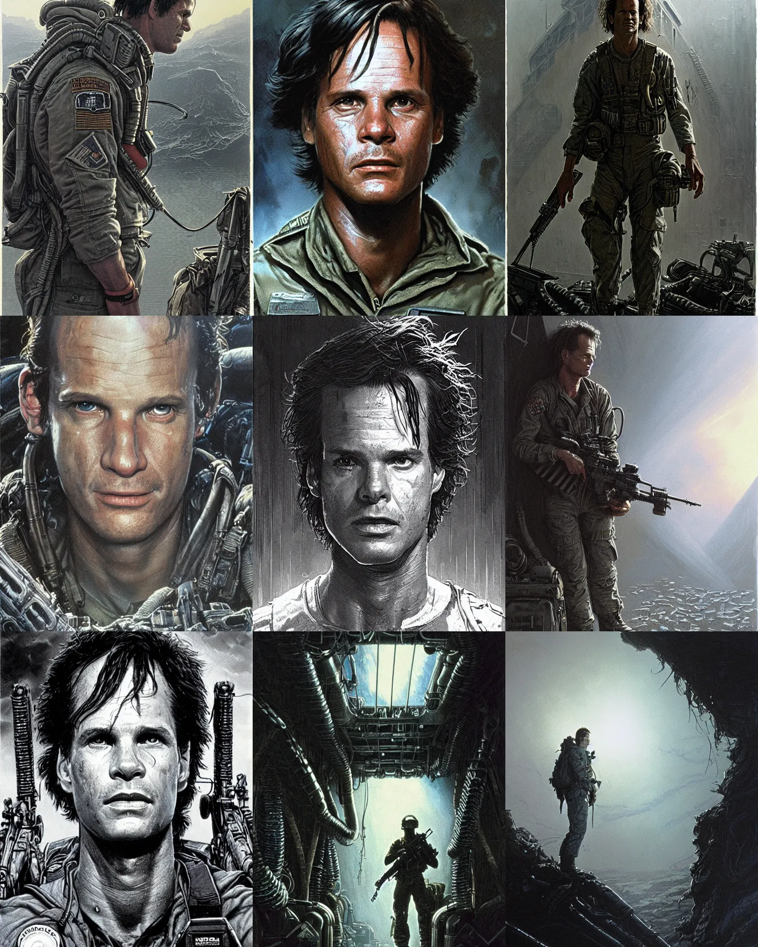 Prompt: private first class william l. hudson ( bill paxton ) in the film aliens 1 9 8 6, concept art, highly detailed by greg rutkowski, michael whelan and gustave dore