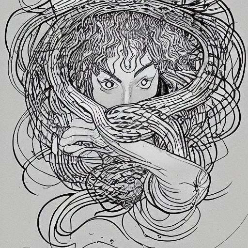 Prompt: a line drawing of a medusa semi submerged in a puddle of black liquid in moebius style