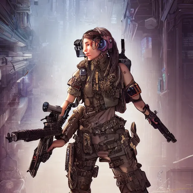 Image similar to the portrait of lawful neutral female cyberpunk infantry sniper as absurdly beautiful, gorgeous, elegant, young woman looking up, an ultrafine hyperdetailed illustration by kim jung gi, irakli nadar, intricate linework, bright colors, octopath traveler, final fantasy, unreal engine 5 highly rendered, global illumination, radiant light, detailed and intricate environment