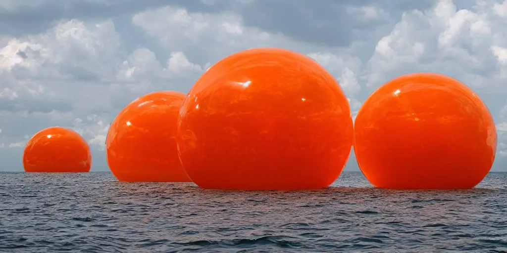 Prompt: huge transparent orange jell strange morph form like more fruits in the style by anish kapoor, in the parts by shih chieh huang, with wires in the open sea on the water