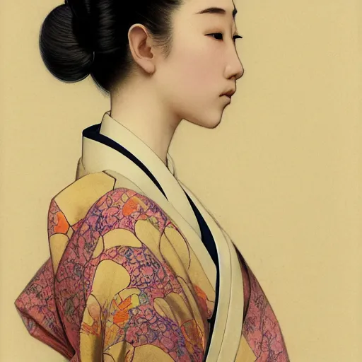 Image similar to side portrait of a young japanese woman wearing a kimono, long hair, headshot, hyper realistic, pale skin, 4k, rule of thirds, extreme detail, detailed drawing, trending artstation, hd, fantasy, D&D, realistic lighting, by Alphonse Mucha, Greg Rutkowski, sharp focus, backlit, elegant