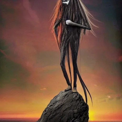 Image similar to A beautiful collage of a human-like creature with long, stringy hair. The figure has no eyes, only a mouth with long, sharp teeth. The creature is standing on a cliff overlooking a dark, foreboding sea. anime, formicapunk by John Anster Fitzgerald, by Storm Thorgerson lavish