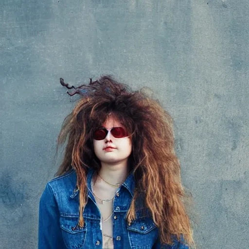 Prompt: teenage girl, shaggy hair permed hair, double denim, heavy rocker, 2 0 2 2 photograph