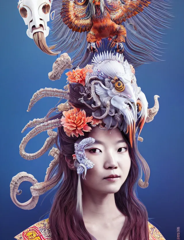 Image similar to 3 d slvic goddess half - turn portrait with long hair with ram skull. beautiful intricately detailed japanese crow kitsune mask and clasical japanese kimono. betta fish, jellyfish phoenix, bio luminescent, plasma, ice, water, wind, creature, artwork by tooth wu and wlop and beeple and greg rutkowski