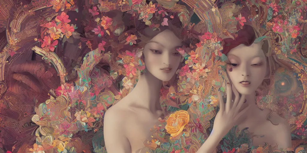 Image similar to breathtaking detailed concept art painting kaleidoscope art deco pattern of blonde faces goddesses amalgamation flowers, by hsiao - ron cheng, bizarre compositions, exquisite detail, extremely moody lighting, 8 k