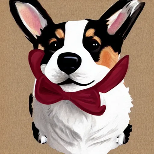 Image similar to A cute corgi wearing a bow tie, digital painting