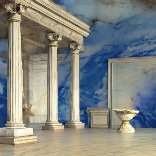 Prompt: ruins of marble draped in flowing sheets of cobalt blue satin, by ivan aivazovsky and pieter claesz and paul delaroche and alma tadema and august malmstrom and and willen claesz heda and aelbert cuyp and gerard ter borch, contrapposto, hyperrealistic, volumetric light, rendered in octane, c4d