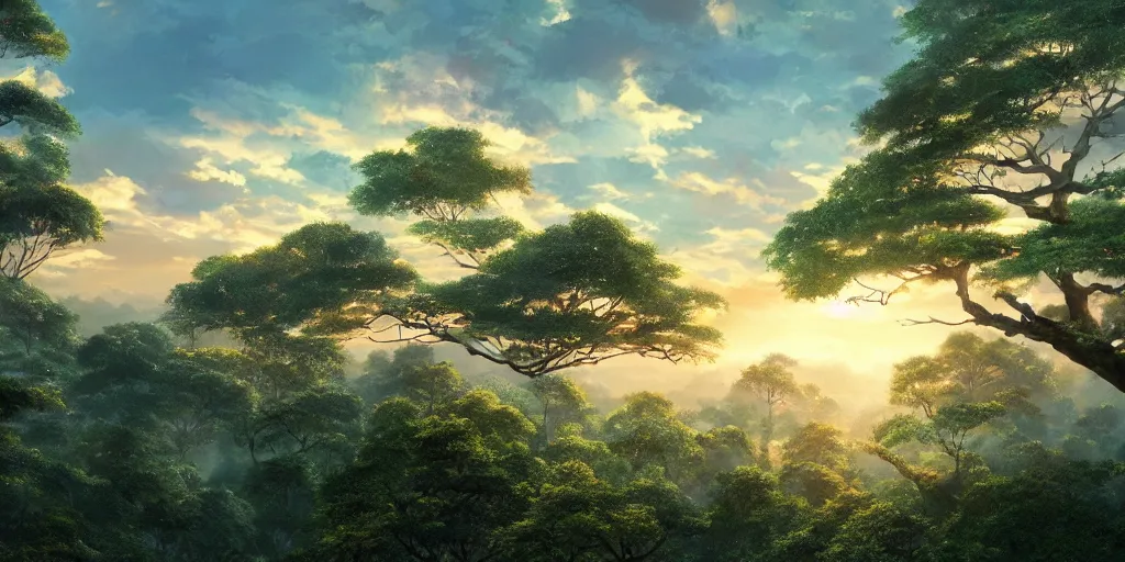 Image similar to wisp, forest, standing on a tree top, 4 k, artgerm, high detail, dramatic lighting, sunset, hayao miyazaki, masashi ando, nizou yamamoto, kazuo oga, joe hisaishi, yoji takeshige, naoya tanaka