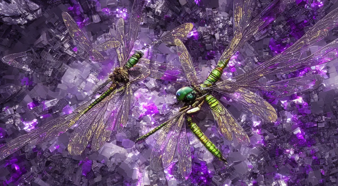 Image similar to a hi - resolution nature photograph of a dragonfly with wings made out of amethyst, flying over a cyber punk dystopian city. extremely detailed, mandelbulb 3 d, cinematic lighting